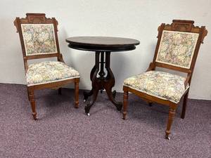 lot 173-J2025 image: Set of Two Antique 1890s Walnut Hand-Carved Eastlake Chairs & Eastlake side Table