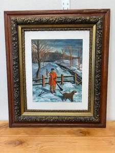 lot 177-J2025 image: 1901 Oil on Paper Painting by H. Meyer (Signed) Winter Rabbit Hunting with Dog