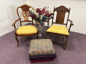 lot 31-J2025 image: Antique Oak Spanish Revival Empire Chair, Mother of Pearl Accents, Metal Vase with Faux Flowers, and Oversized Footstool