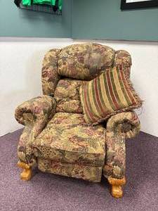 lot 42-J2025 image: Oversized Floral Recliner with Lion Paw Wooden Legs