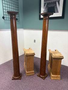lot 43-J2025 image: Pair of Quarter-Sawn Oak Pedestals with Solid Oak End Caps (Church Salvage)