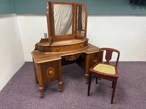 lot 44-J2025 image: Victorian Antique French Country Vanity Set  Cane Chair & Walnut Desk