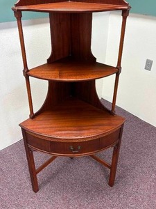 lot 49-J2025 image: Vintage Wabasha Mahogany Corner Shelf Stand with Cabinet and Lattice Trim