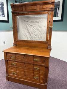 lot 53-J2025 image: Antique 19th-Century Hand-Carved Walnut Dresser with Pivot Tilt Mirror and Brass Candleholders