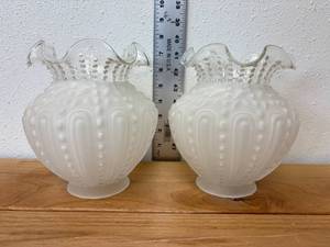 lot 61-J2025 image: Pair of Antique Victorian Pressed Glass OilGas Lamp Shades  Frosted with Clear Ribbon Beading