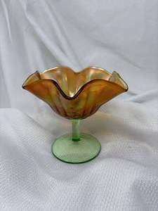 lot 62-J2025 image: Vintage Northwood Iridescent Mary Gold Smooth Ray Carnival Glass Compote  Uranium Glass Stem & Base