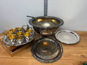 lot 64-J2025 image: Mid-Century Sheridan Silver-Plated Punch Bowl Set  3 International Silver Co. Serving Trays