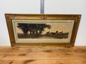 lot 66-J2025 image: 1890 Etching of Connecticut Farm by Ernest C. Rost  Large, Framed Antique Print