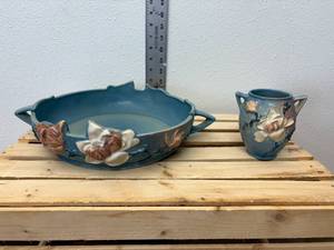 lot 75-J2025 image: 1940s Roseville Pottery Matching Set  Magnolia Pattern in Cobalt Blue