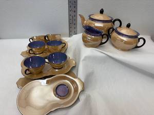 lot 77-J2025 image: Vintage Victoria Czechoslovakia Lusterware Tea Set  Purple & Peach Finish