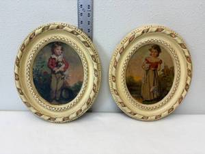 lot 78-J2025 image: Vintage Oval Wall Art  Ceramic or Chalkware Frame with Lithograph Decoupage