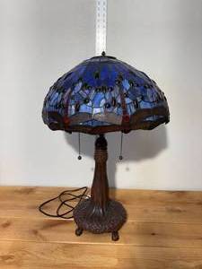 lot 82-J2025 image: Vintage 26 Tiffany-Style Dragonfly Stained Glass Lamp  BrassBronze Base, Two-Light Fixture (intact damage)