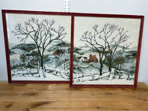 lot 84-J2025 image: Pair of 1950s Idyllic Farm Drapery Panels  Framed Vintage Textile Art