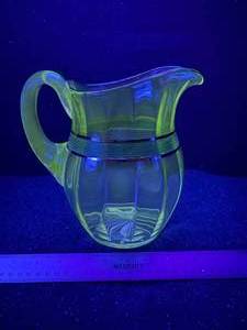 lot 104-J2025 image: Mid-Century Modern Uranium Glass Blender Pitcher  Green Band with Gold Trim
