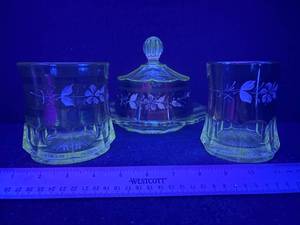 lot 107-J2025 image: Vintage Egermann Czechoslovakian Bohemian Handmade Uranium Crystal Candy Dish & Vases Set