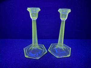 lot 108-J2025 image: Victorian Antique Uranium Cut Crystal Candlesticks