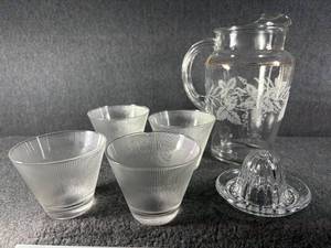 lot 113-J2025 image: Six-Piece Mid-Century Modern Manganese Glass Serving Set with Pitcher