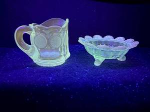 lot 117-J2025 image: Pair of Blue Uranium Glass Pieces  Candy Dish & Creamer