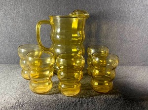 lot 118-J2025 image: Rare-HTF Mid-Century Modern Fostoria 6 pc George Sakier Amber Bubble Ripple Pitcher with Five Matching Glasses - No Damages noted