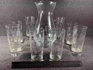 lot 120-J2025 image: Vintage Mid-Century Modern Princess House Heritage Hand-Blown Uranium Crystal Pitcher with Etched Floral Design & Eight Matching Manganese Highball Glasses - No Damages noted