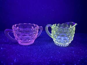 lot 123-J2025 image: Antique Pressed Crystal Manganese Sugar Bowl & Uranium Creamer