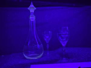 lot 125-J2025 image: Vintage Uranium Glass Decanter & Stemware Set with Gold Floral Detailing