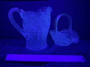 lot 126-J2025 image: Vintage Smith Blue Uranium Glass Pitcher & Basket Set  Dogwood & Tigerlily Design