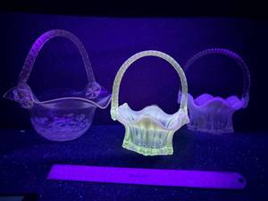 lot 127-J2025 image: Set of Three Vintage Fenton Glass Baskets  Aqua & Opalescent