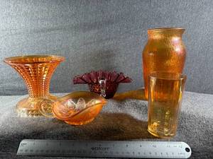 lot 128-J2025 image: Vintage Glassware Collection  Fenton Cranberry & Amber Carnival Glass Assortment