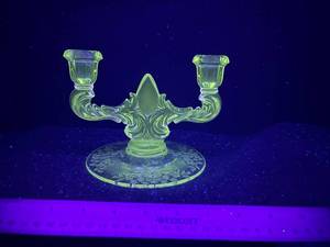 lot 131-J2025 image: Vintage Martinsville Viking Uranium Glass Flower Basket Candle Holder  Etched Floral Design