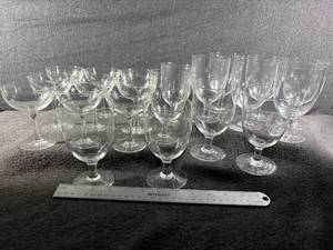 lot 133-J2025 image: 21-Piece Vintage Mid-Century Modern C.G. Quartex Crystal Atomic Star Dust Glassware Set -(9) Champagne & (12) Water Goblets - No Damages Noted