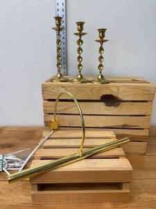 lot 135-J2025 image: 16 Brass Arched Arm Art Light & Set of Three Vintage Hampton Brass Twist Candlestick Holders