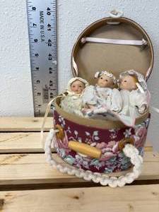 lot 142-J2025 image: Set of 3 Vintage Miniature Bisque Baby Dolls in Hat Box  4 Each