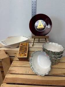 lot 145-J2025 image: Mixed Vintage Lot  Matlocks, Ruby Red Plate, Floral Bowls & Card Box