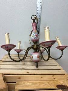 lot 160-J2025 image: Antique Romantic Victorian Brass and Porcelain Chandelier
