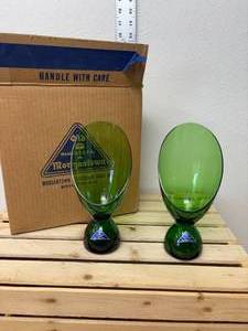 lot 122-J2025 image: Two vintage new in box lead crystal by Morgantown 9 inch slant candle vases with bubble bottoms in Evergreen