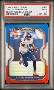 lot 7 image: JUSTIN JEFFERSON 2020 PANINI PRIZM REDWHITEBLUE PRIZM ROOKIE CARD PSA MINT 9 74944267