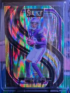 lot 125 image: JUSTIN JEFFERSON 2024 PANINI SELECT PREMIER LEVEL GREEN & YELLOW PRIZM SHOCK