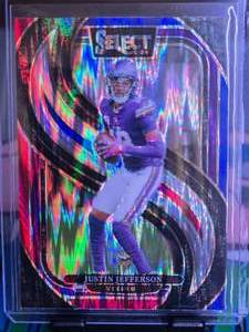lot 128 image: JUSTIN JEFFERSON 2024 PANINI SELECT PREMIER LEVEL RED & BLUE SHOCK PRIZM