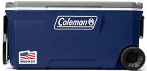 lot 284 image: Coleman Classic Series Insulated Portable Rolling Cooler with Wheels, Leak-Resistant Outdoor Hard Cooler Keeps Ice up to 5 Days, 100-Quart