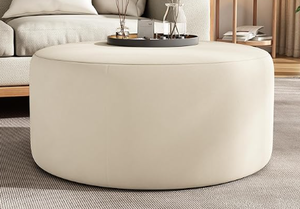 lot 298 image: 30 Inch Velvet Round Ottoman Oversized Upholstered Ottoman Coffee Table, Cream