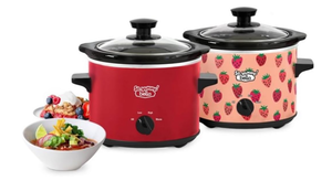 lot 200 image: So Yummy by bella 2.0qt Twin Set Slow Cooker Red and Strawberry Pattern