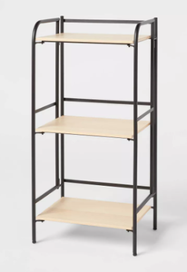 lot 184 image: Folding 3 Shelf Black Metal with Natural Wood Shelves - Brightroom