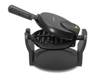 lot 263 image: KitchenSmith Nonstick Waffle Maker Black Aluminum, 180° Rotating, Folding Handle, Drip Tray, 1000W