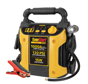 lot 334 image: EverStart Maxx 1000 Peak Amp Jump Starter with 120 PSI Compressor, Pivoting LED Light, 3X USB Ports