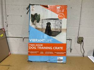 lot 174 image: Vibrant Life Double Door Metal Wire Dog Crate, Leak-Proof Pan & Divider for Dogs Up to 90 lbs