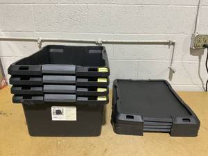 lot 191 image: LOT OF 4 12gal Latching Storage Tote - Brightroom Stackable Gray Utility Bin with Lid
