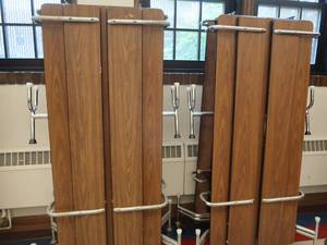 lot 94 image: 2 LARGE LUNCH TABLES WHEAVY DUTY CASTERS