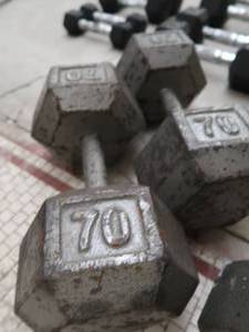 lot 8T image: PAIR OF 70 LB DUMBBELLS