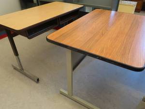 lot 161 image: TWO METAL TABLES WITH WOOD TOPS